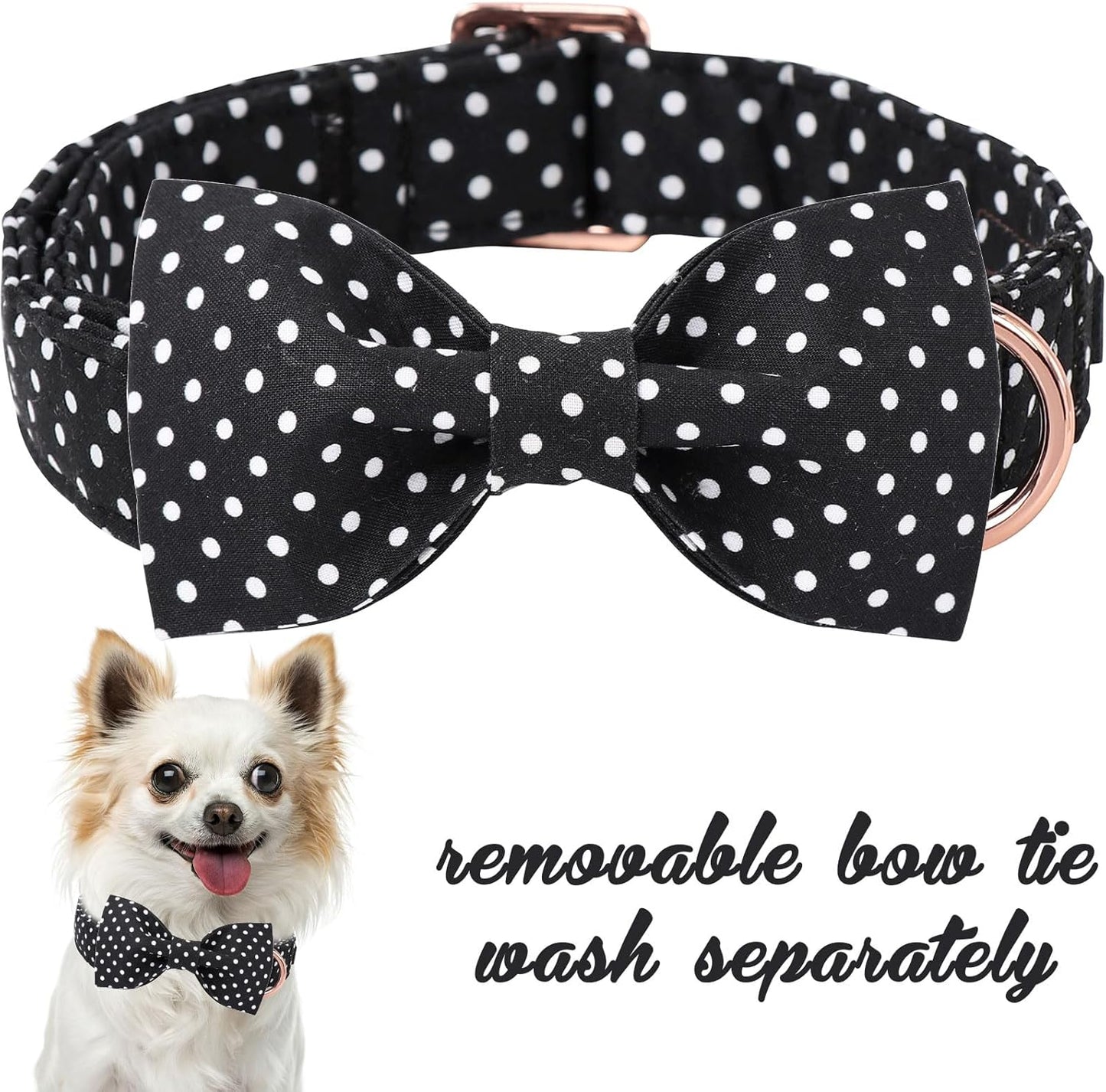 Cotton Dog Collar with Bow Puppy Collar with Black White round Dot for Small Medium Large Boys Girls Dogs