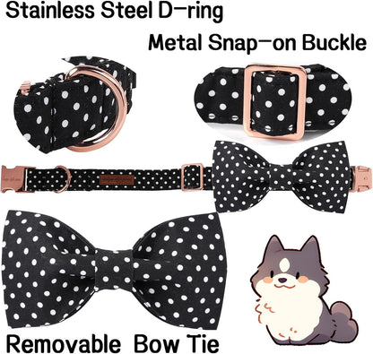 Cotton Dog Collar with Bow Puppy Collar with Black White round Dot for Small Medium Large Boys Girls Dogs