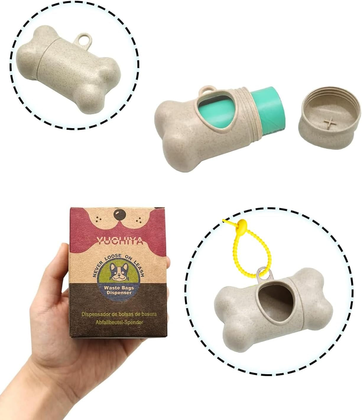 Dog Poop Pickup Bags Holder Dispenser with Standard-Sized Leak-Proof Scented Doggy Waste Bags and Carabiner with Safety Lock&Fastener Never Loose on Leash Lead Again (1 Holder 195 Bags, Beige)